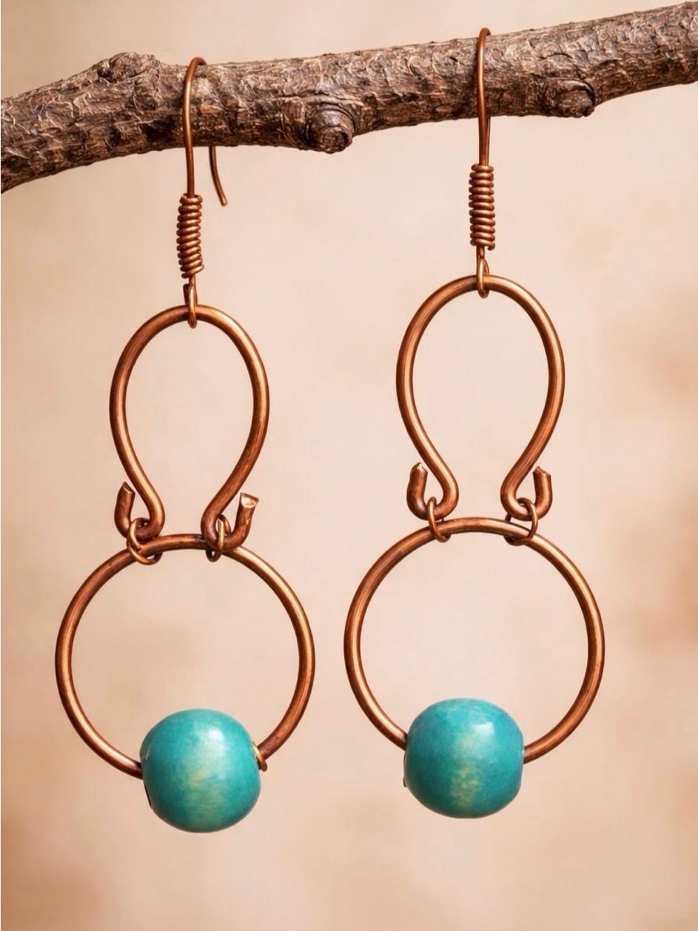 Copper Hoop Earrings, Turquoise Wood Beads, Boho Artisan Dangle